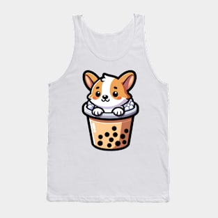 Cheerful Corgi in Boba Tea - Cute Puppy Cartoon Illustration Tank Top